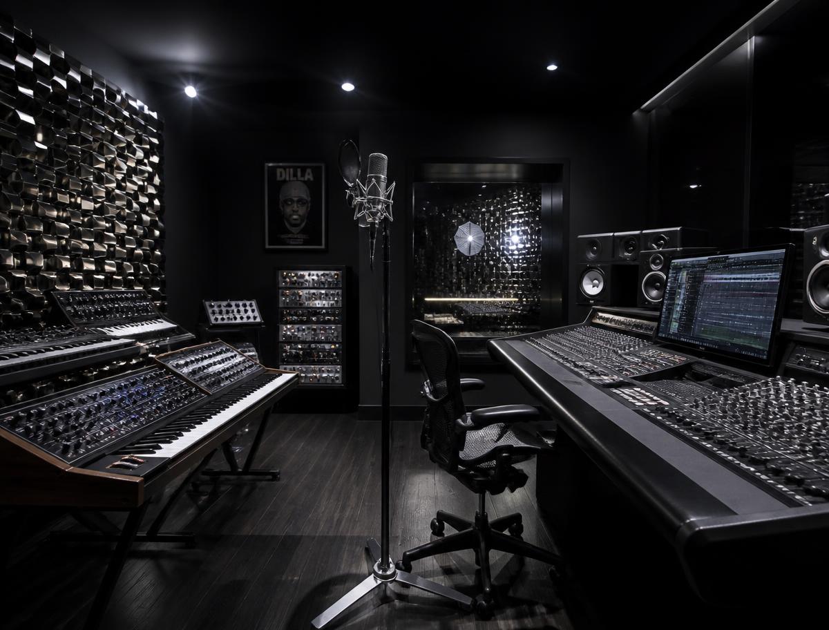 EXTENSO production studio with analog synths and a vocal microphone